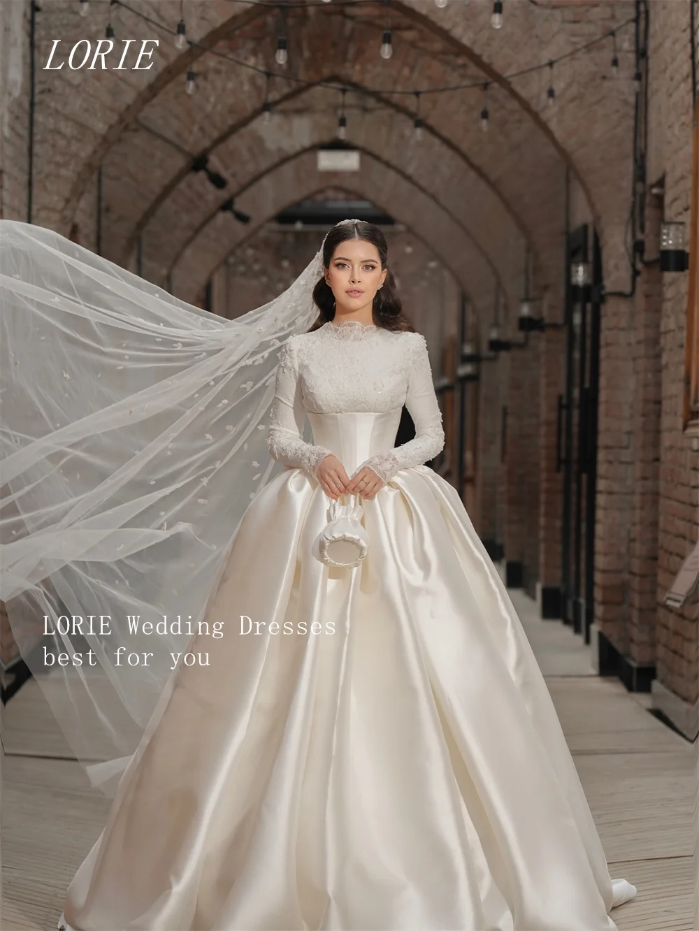 

LORIE Luxury Full Sleeve A Line Wedding Dress Scoop Bridal Dresses Appliques Lace Temperament Wedding Gown Customized 2026