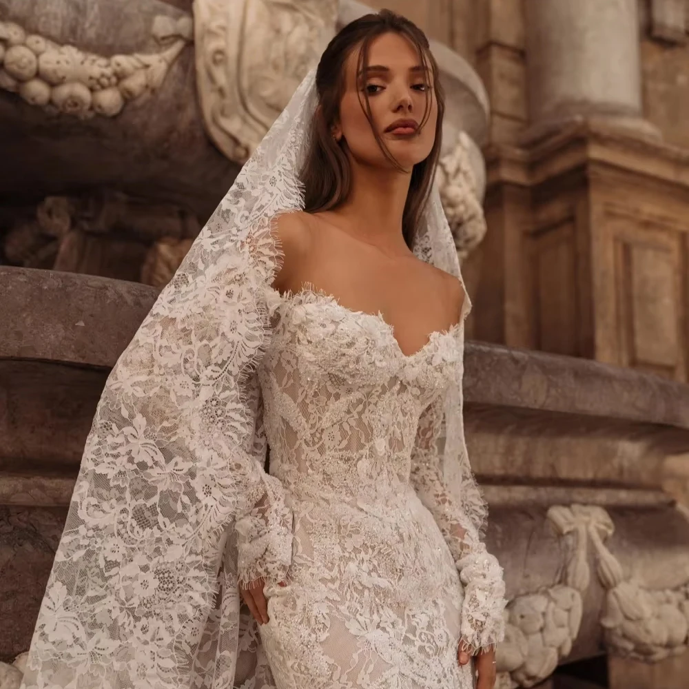 تخصيص الدانتيل حورية البحر فستان الزفاف رومانسية الحبيب الرقبة ثوب الزفاف قبالة فساتين الكتف للعروس فستان زفاف فيستدو