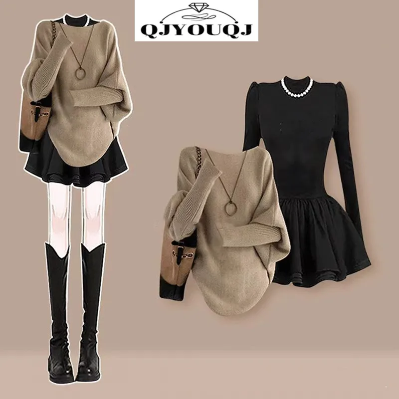 

Fashion Women's Set Autumn/Winter Korean Style Retro Knitted Sweater Waist Slimming Dress Two Piece Set