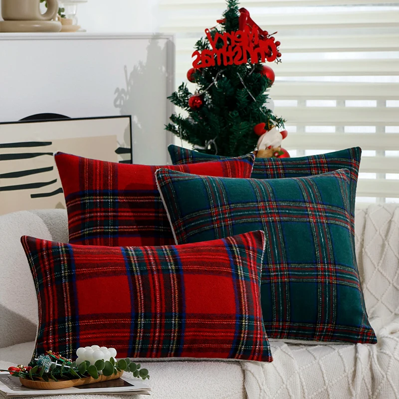 

Christmas Home Decoration 45x45cm Cushion Cover Red/Green Retro Plaid-Single Plush Pillow Cover for Living Room Sofa Pillowcase