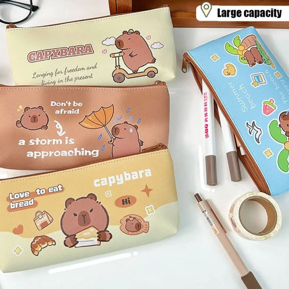 

Creative Large Capacity Capybara Pencil Bag Waterproof Cute Cartoon Pen Bag Zipper Bag PU School Stationery Bag Office