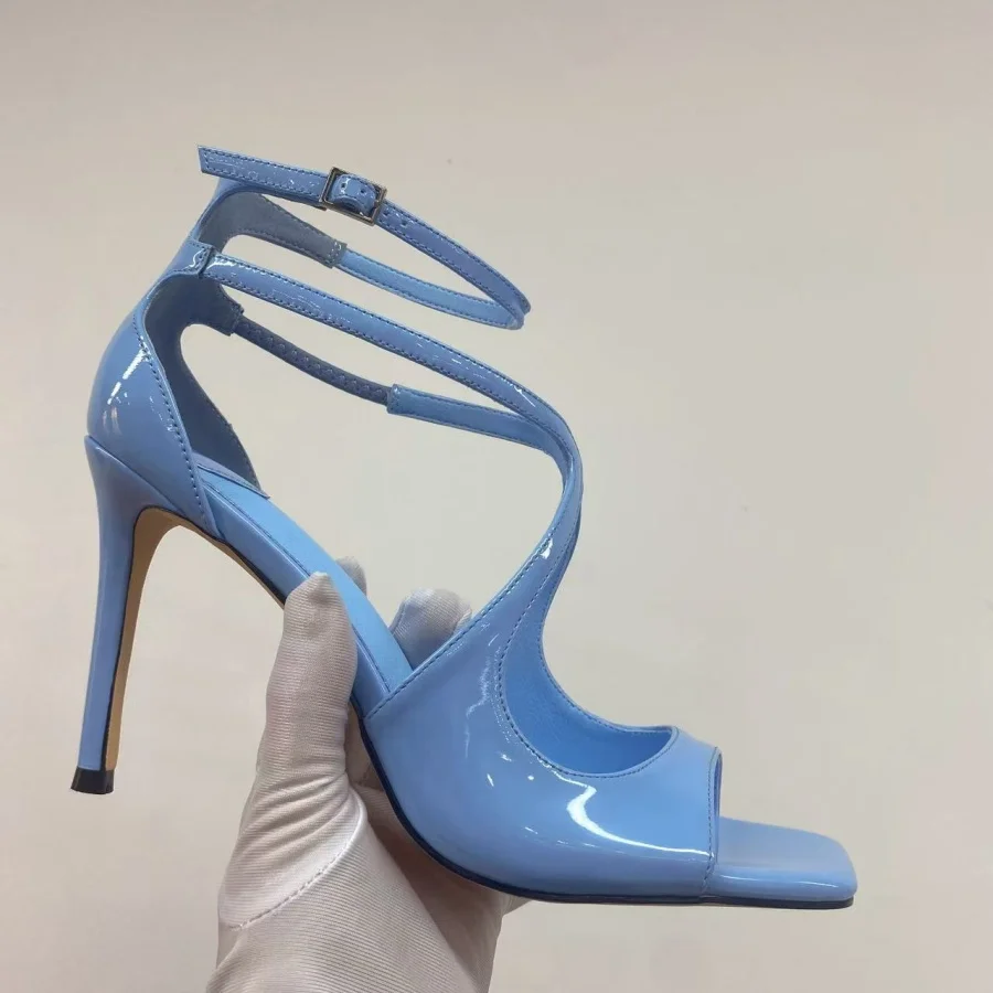 Women Patent Leather Satin Square Open Toe Stiletto Heel Sandals Crisscross Ankle Strap Buckle Rhinestone Party Dress Shoes