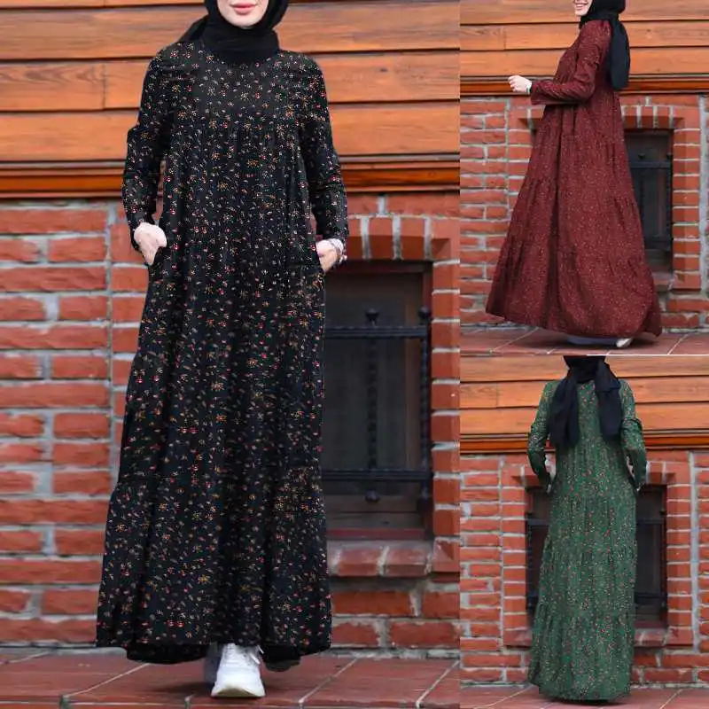 

2026 Women's Dress Fashion Printed Cotton and Hemp Floral Vintage Elegant Long Sleeve