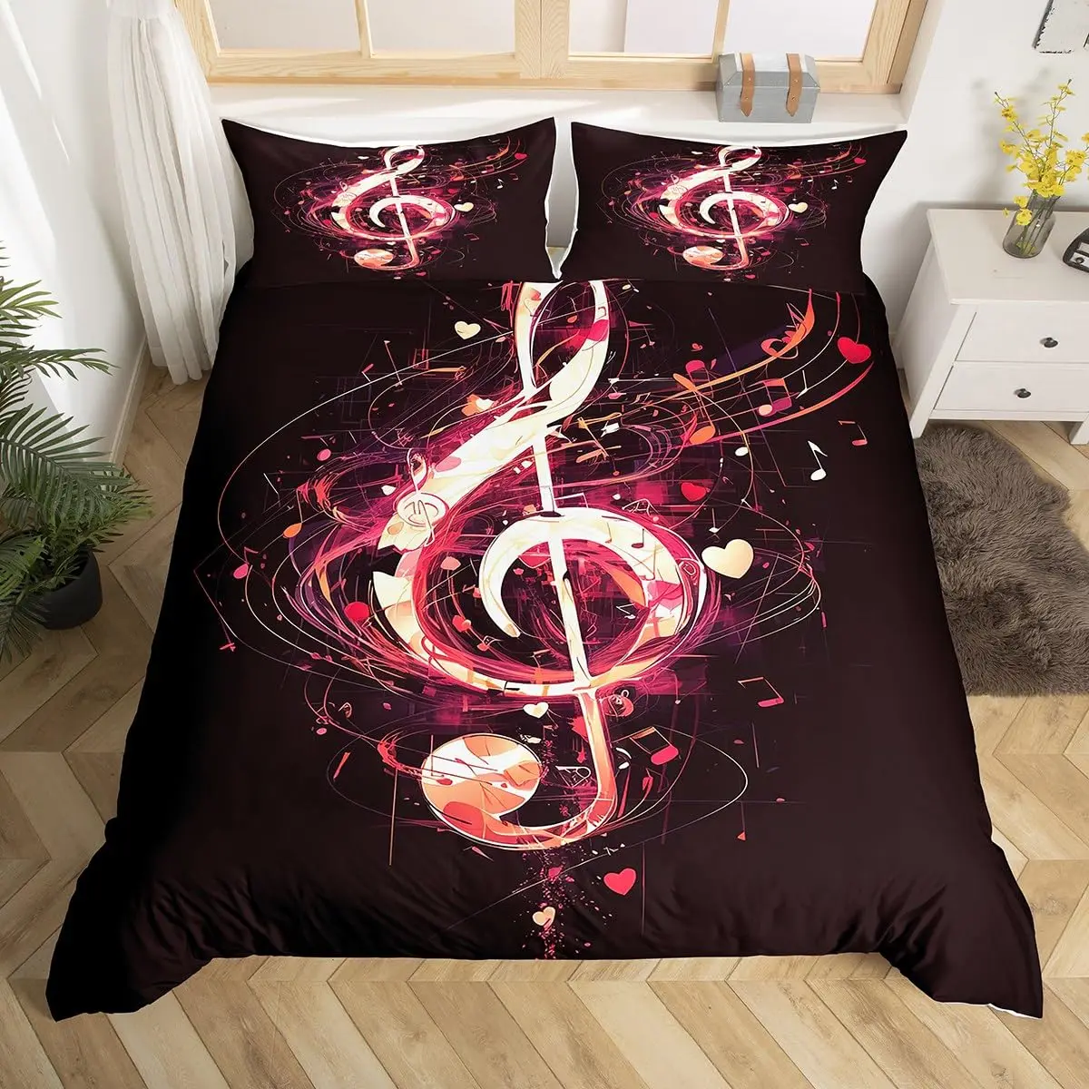 Music Theme Duvet Cover King Queen Red Rotating Notes Comforter Cover with 2 Pillowcase Teens Adults Musical Art Bedding Set