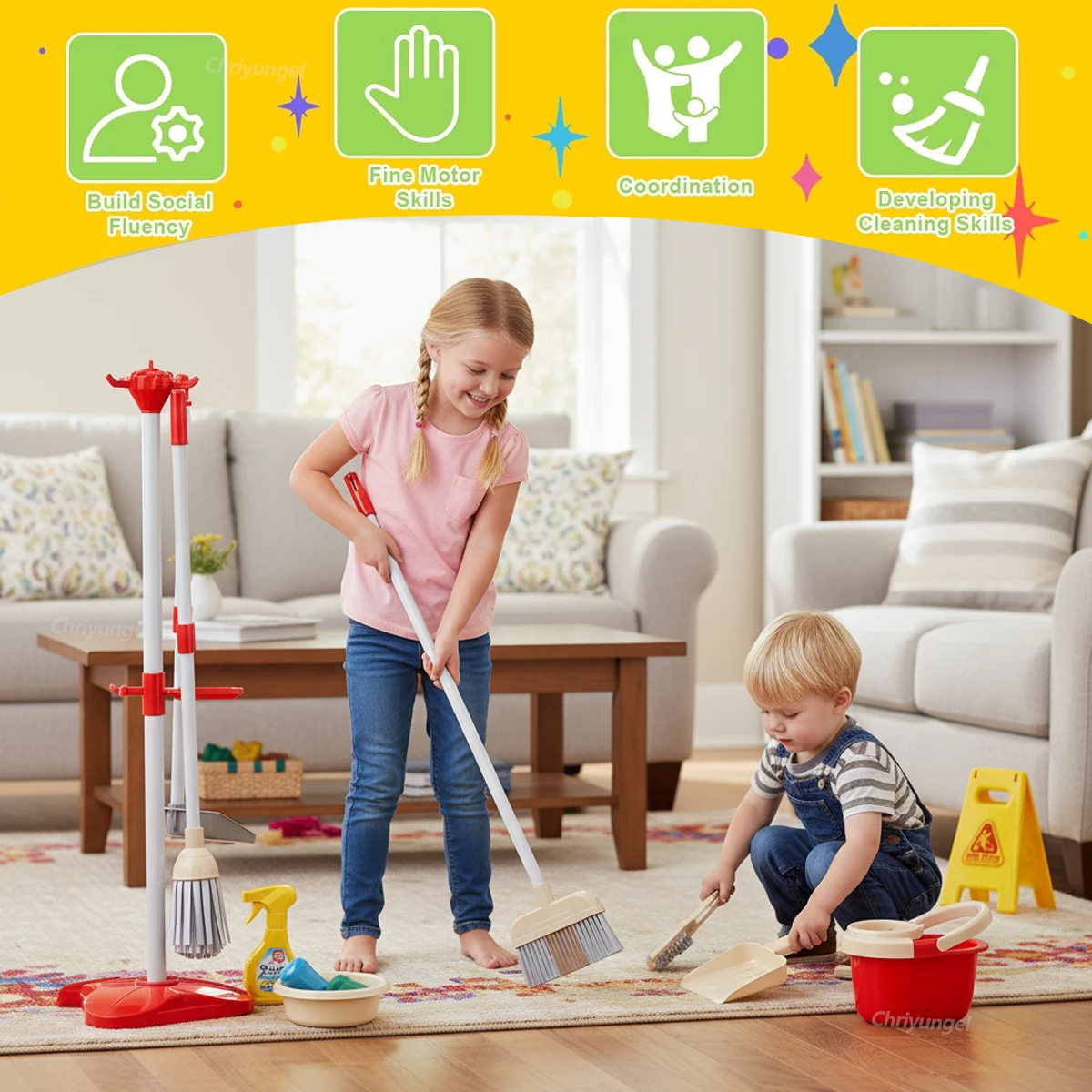크리영엘 어린이 청소 장난감 세트 소꿉놀이 미니 빗자루 걸레 교육용 장난감 유아 남아 여아 선물