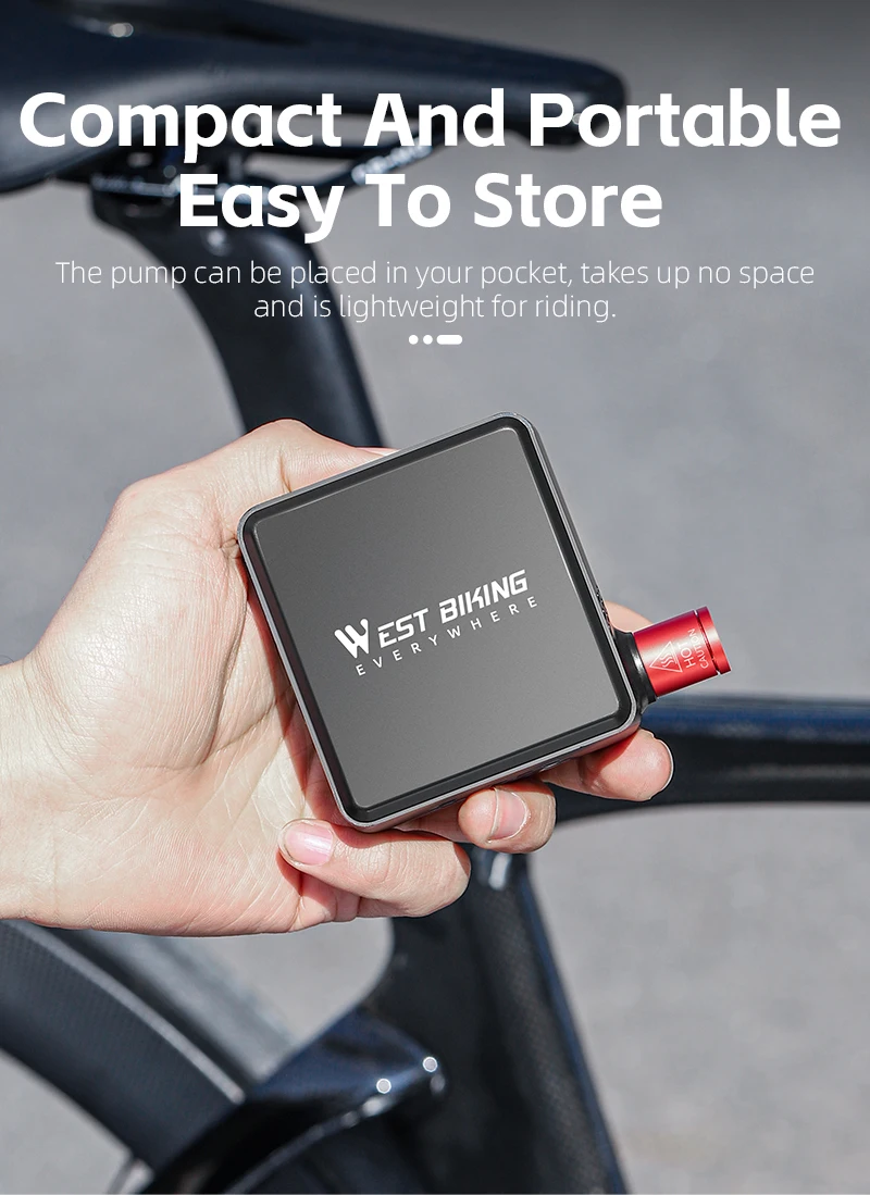 WEST BIKING 150PSI Elektrische Fahrradpumpe, Taschen-Mini-Luftkompressor mit Digitalanzeige für Fahrrad-, Auto- und Motorradreifen, FV AV – Detail 5