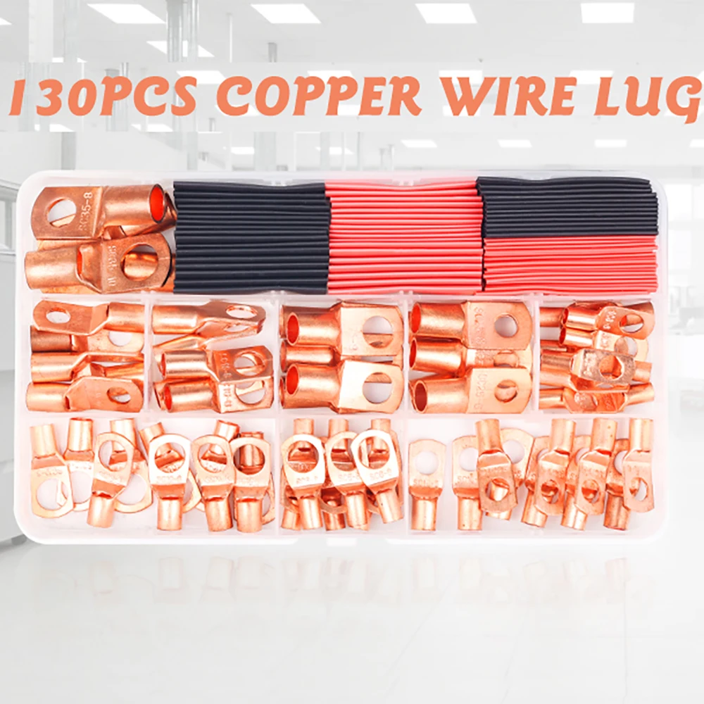 

130 copper wire lug terminal connectors for AWG 12 10 8 6 4 2 cable, heat shrink sleeve, bare copper ring terminal connectors