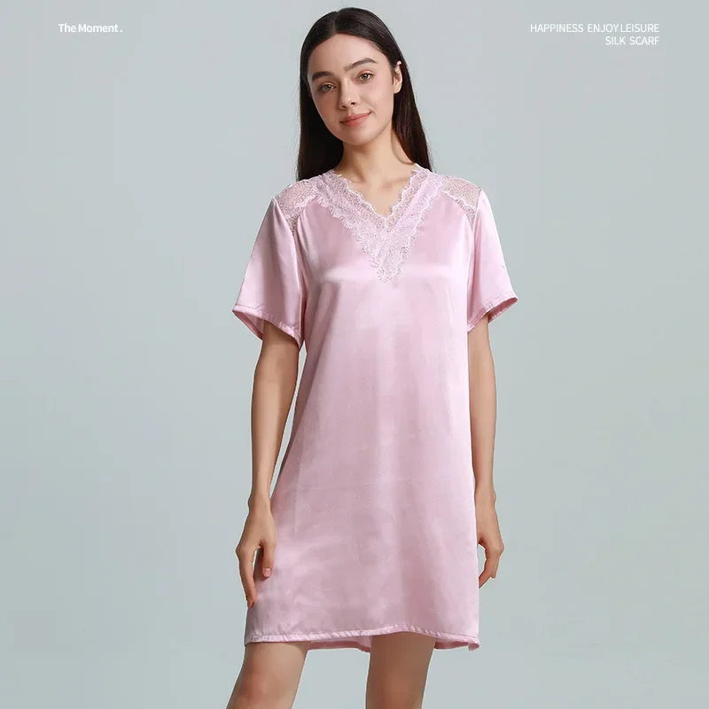 

Ночные рубашки из 100% тутового шелка с короткими рукавами, сексуальное кружевное платье для сна с v-образным вырезом, женская летняя ночная рубашка из чистого шелка, удобная одежда для сна