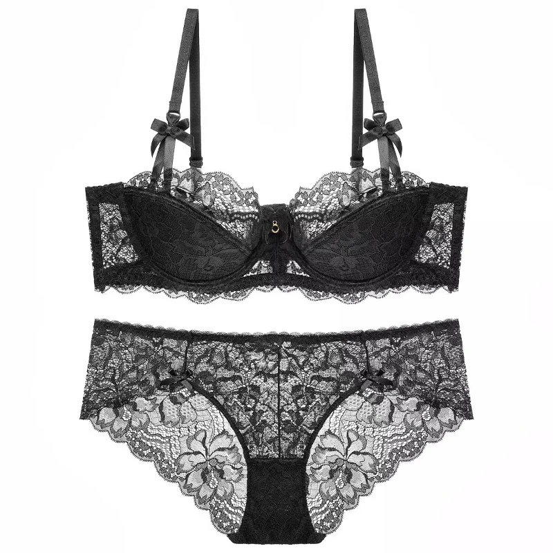 Conjunto de Sutiã Meia Taça de Renda Sexy Feminino Mais Vendido com Aro Macio Bojo Fino e Efeito Push-Up Elegante e Confortável