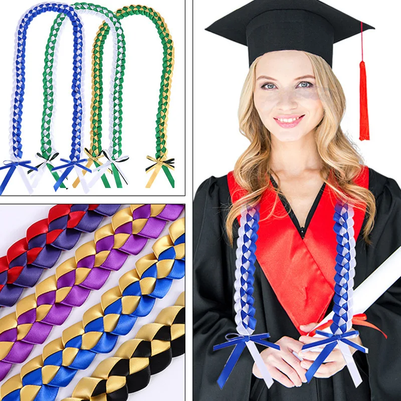 2024 Blue & White Double Braided Graduation Ribbon Lei Necklace Burgundy Gold Navy Royal Braid Satin Graduation Lei Necklace