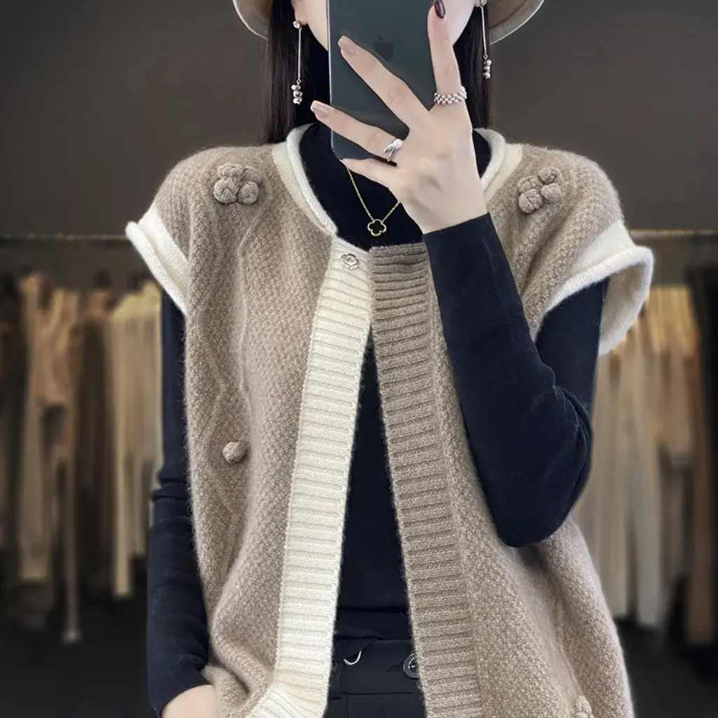 

Women's Wool Sleeveless Vest round Neck Colorblock Sweater Cardigan Autumn Winter Waistcoat Top