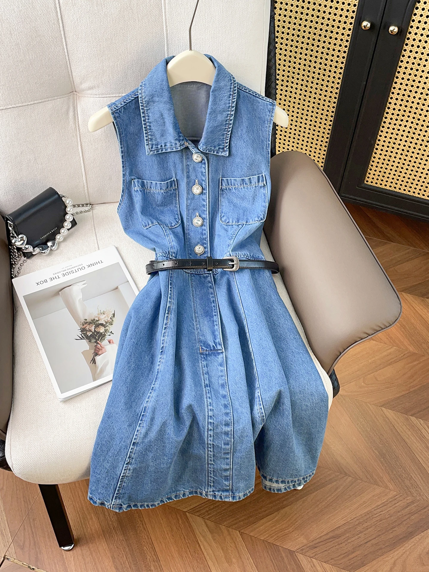 

High-End Women's Retro Design Slimming Denim Vest Dr Autumn Winter New Sle French Sle l Waist A-Line Skirt