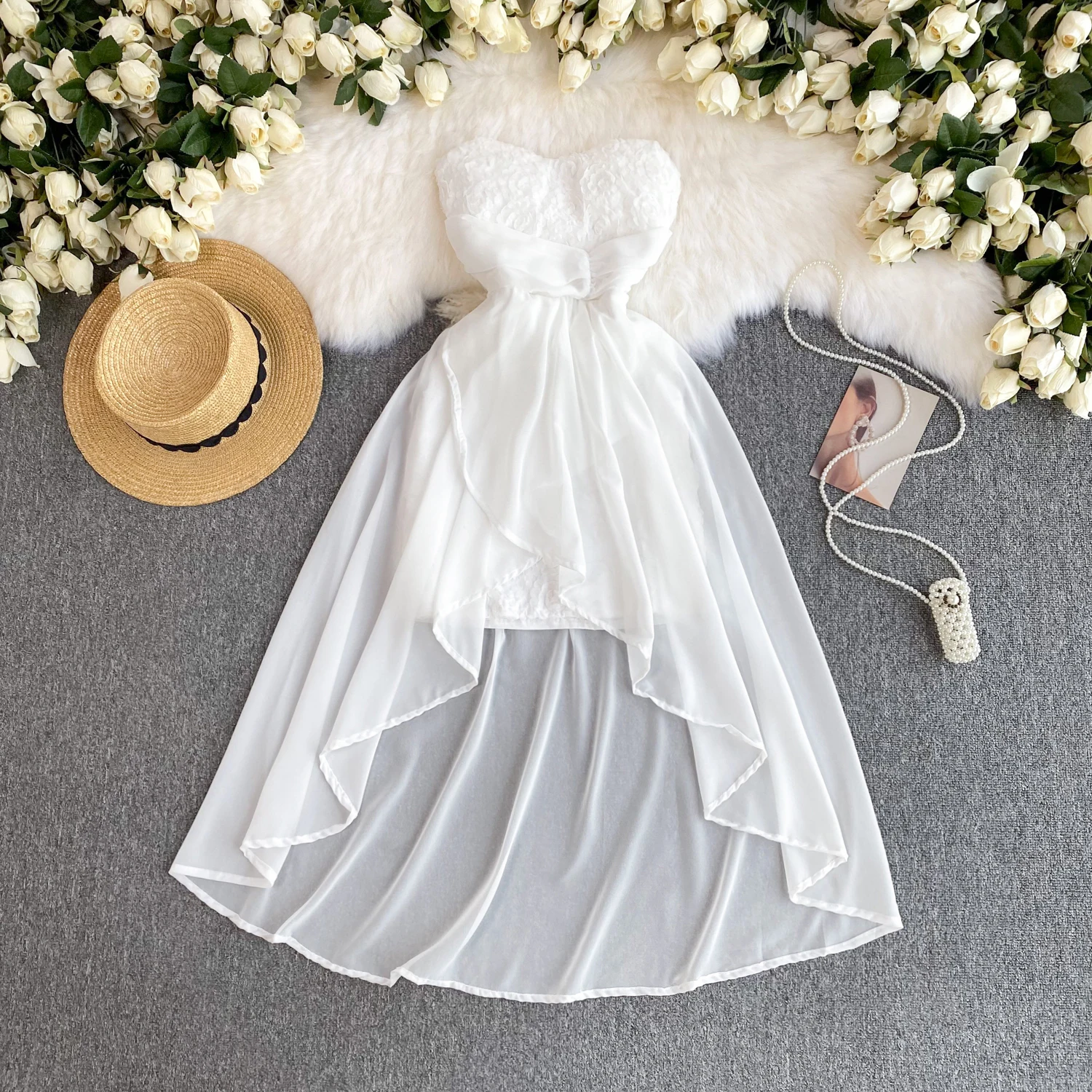 Chic Floral Mesh Patchwork Tube Top Dress Sexy Off Shoulder Elegant Evening Party Women Fashion Vintage Ceremonial Dresses