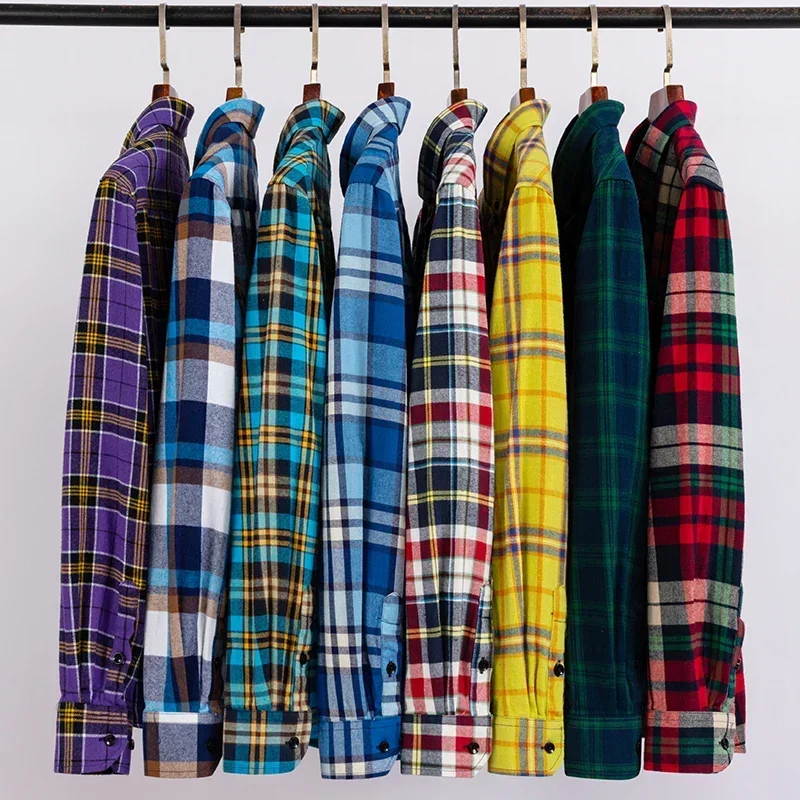 Autumn Winter Thick Flannel Shirt Plaid Shirts Standard-Fit  for Men Long Sleeve Pure Cotton Patch Pocket Design Young