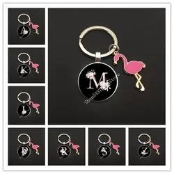 New Flamingo Keychain A-Z Letter Glass Keychain Pink Flamingo Animal Keychain Male and Female Romantic Inspirational Keychain