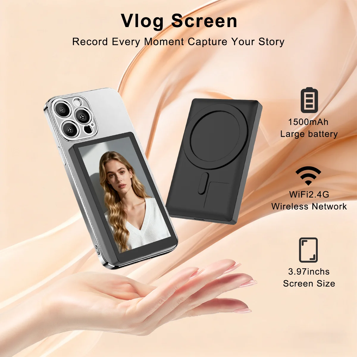 

Portable Magnetic Rear‑Camera Vlog Display Screen, 10m Wireless Connection, for Self‑Portrait Vlog Live Streaming