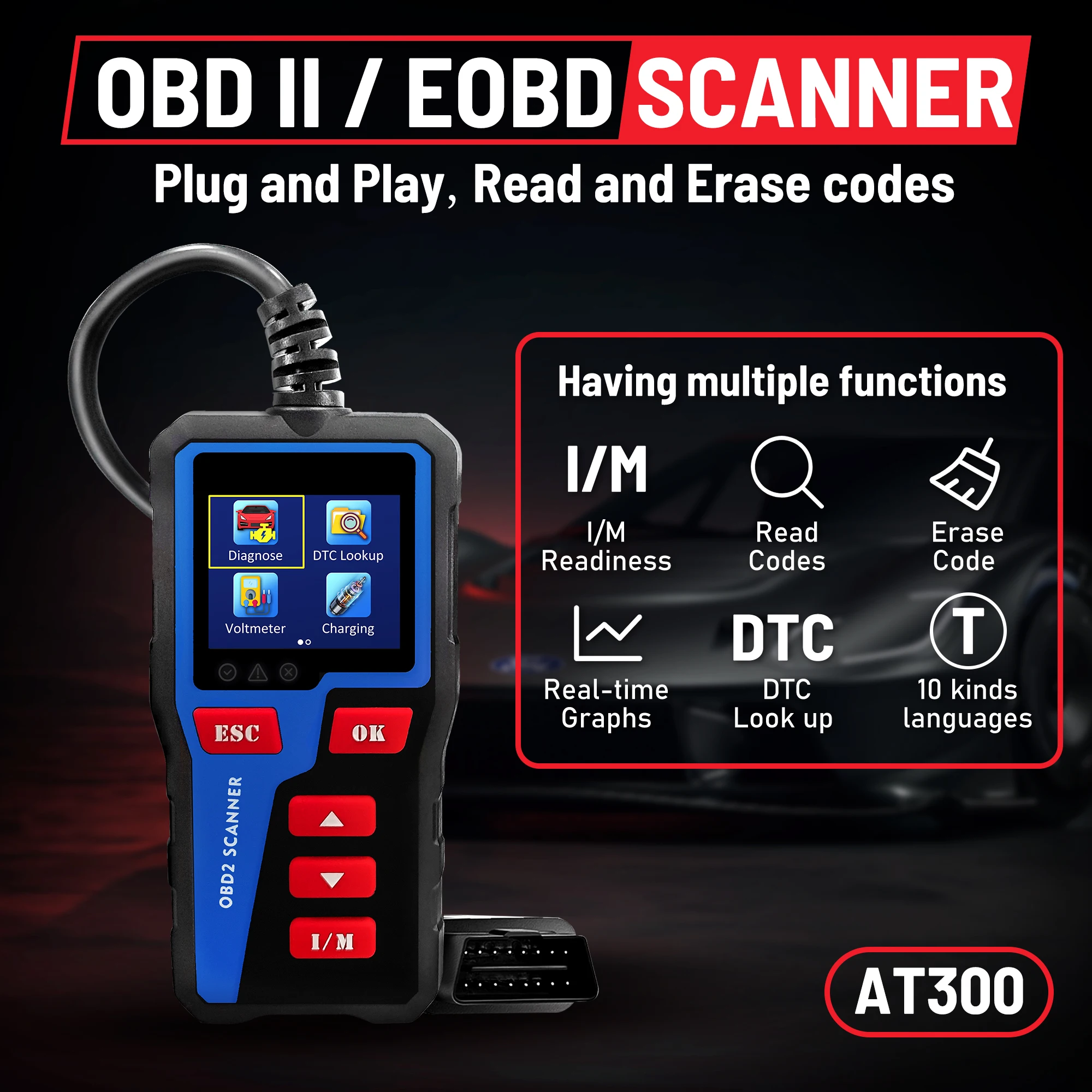 New OBDII & EOBD Code Scanner Diagnostic Tool AT300 Full OBD2 Function For Checking Engine Plug And Play Car Tools