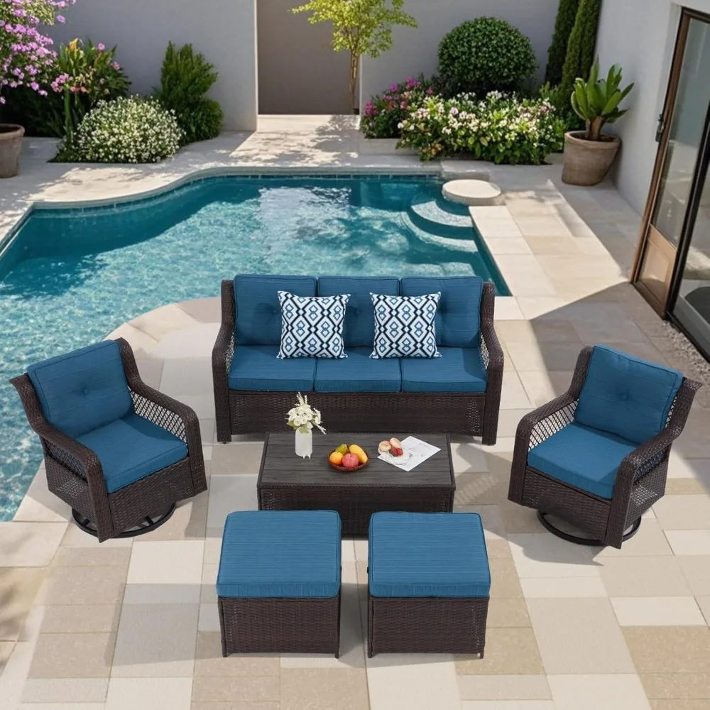 

6-Piece Wicker Patio Furniture Set with Conversation Area, Including 2 Outdoor Swivel Rocking Chairs and a Patio Swivel Glider C