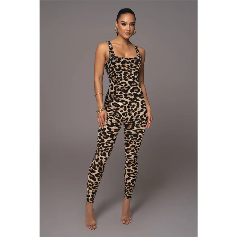 Leopard Printed Strap Jumpsuit Woman Square Collar Sleeveless Backless Slim Sport Jumpsuits Women Streetwear