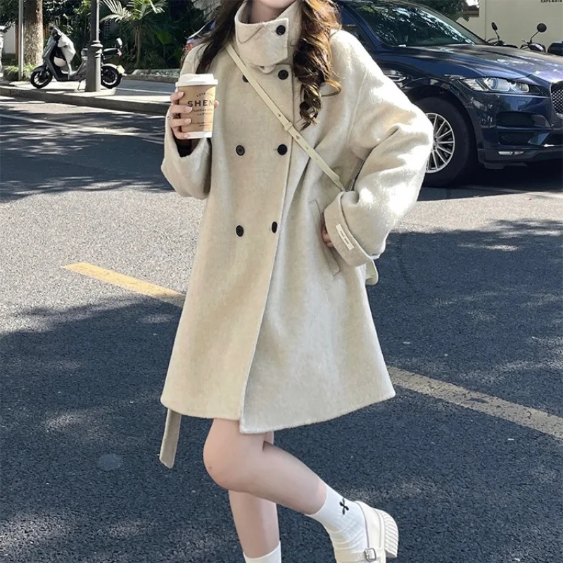 

Women's Woolen Coat Khaki Fall Winter Faion Small Size Korean Version Belted Stand Collar Coat Tee-acetate Fiber 00%