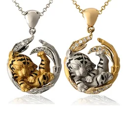 Luxury Charm Tiger Pendant Necklace for Women Two-tone Animal Cute Tiger Crystal Necklace Lovers Jewelry for Women Collares