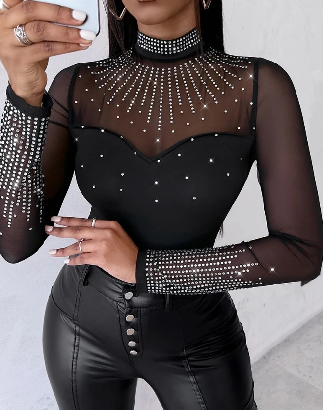 

Sexy Bodysuit for Women 2024 High Neck Long Sleeve Rhinestone Decor Sheer Mesh Patchwork Solid Color Skinny Bodycon Bodysuit