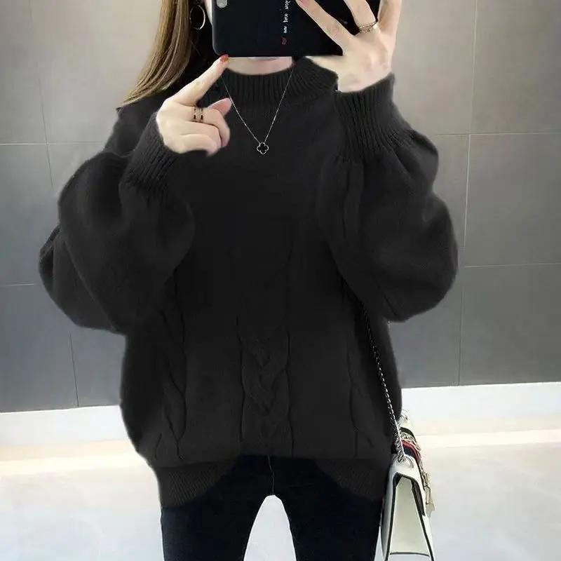 Women's New Lazy Wind Loose Pullover Sweater Half Turtleneck Student Long Sleeve Bottoming Shirt Trendy Top