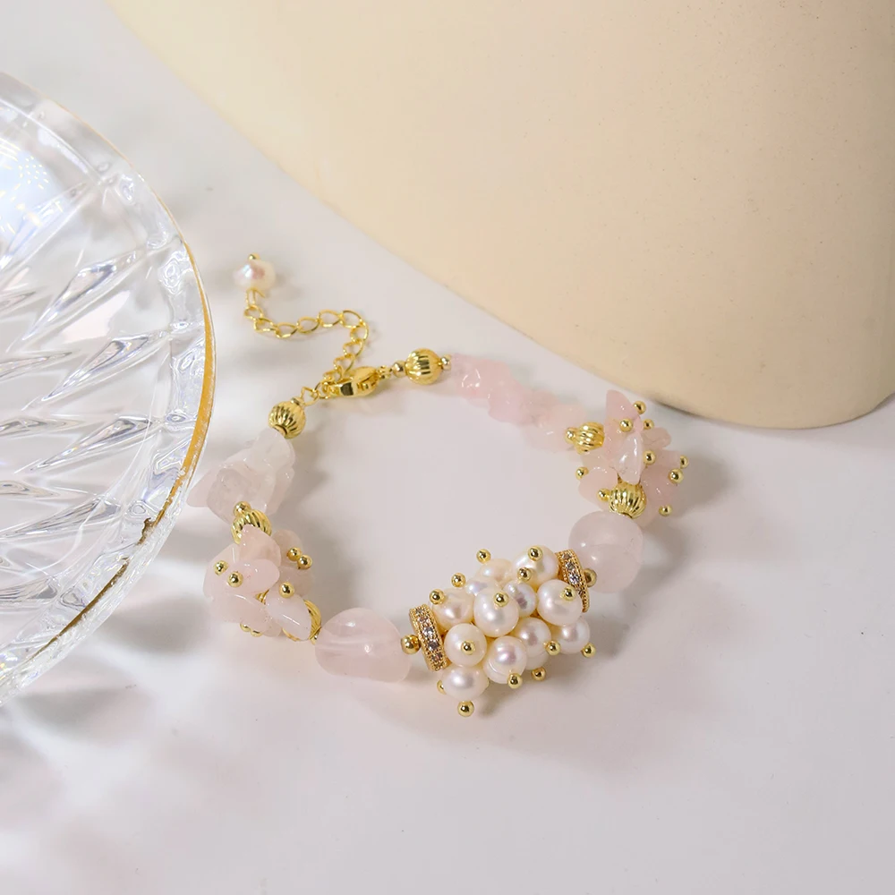 Natural Freshwater Pearls Pink Crystal Bracelet Retro Palace Style Fashion Jewelry Bracelet Gifts for Mom Wife GirlfriendGB1103