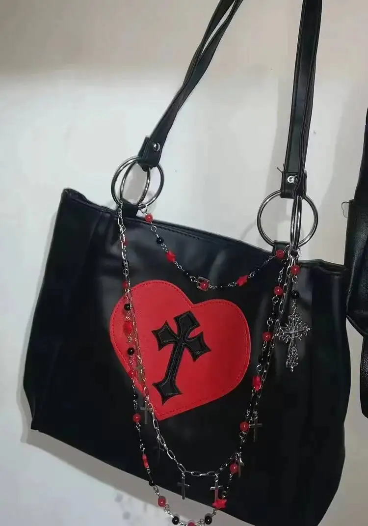 Bloom Y2k Grunge The Tote Women Gothic Cross Pu Leather Chain Large Capacity Handbags Ladies Vintage Black Shoulder Bag