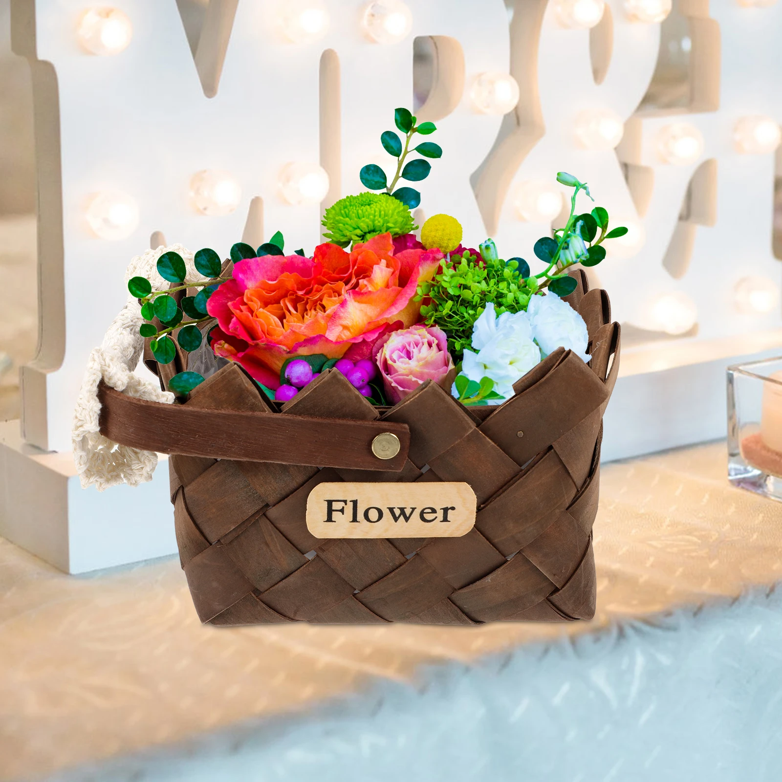 

Wooden Flower H Woven Decorative Storage Baskets Portable Wicker Small Rustic Wedding Wooden Crafts Basket Arrangement