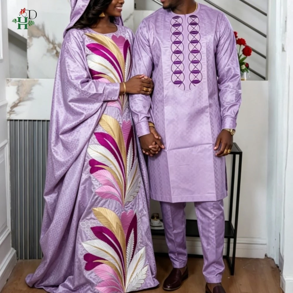 

H&D African Dresses For Couple Purple Maching Traditional Men Embroidered Outfit Set Basin Rich Original Dubai Dress for Ladies