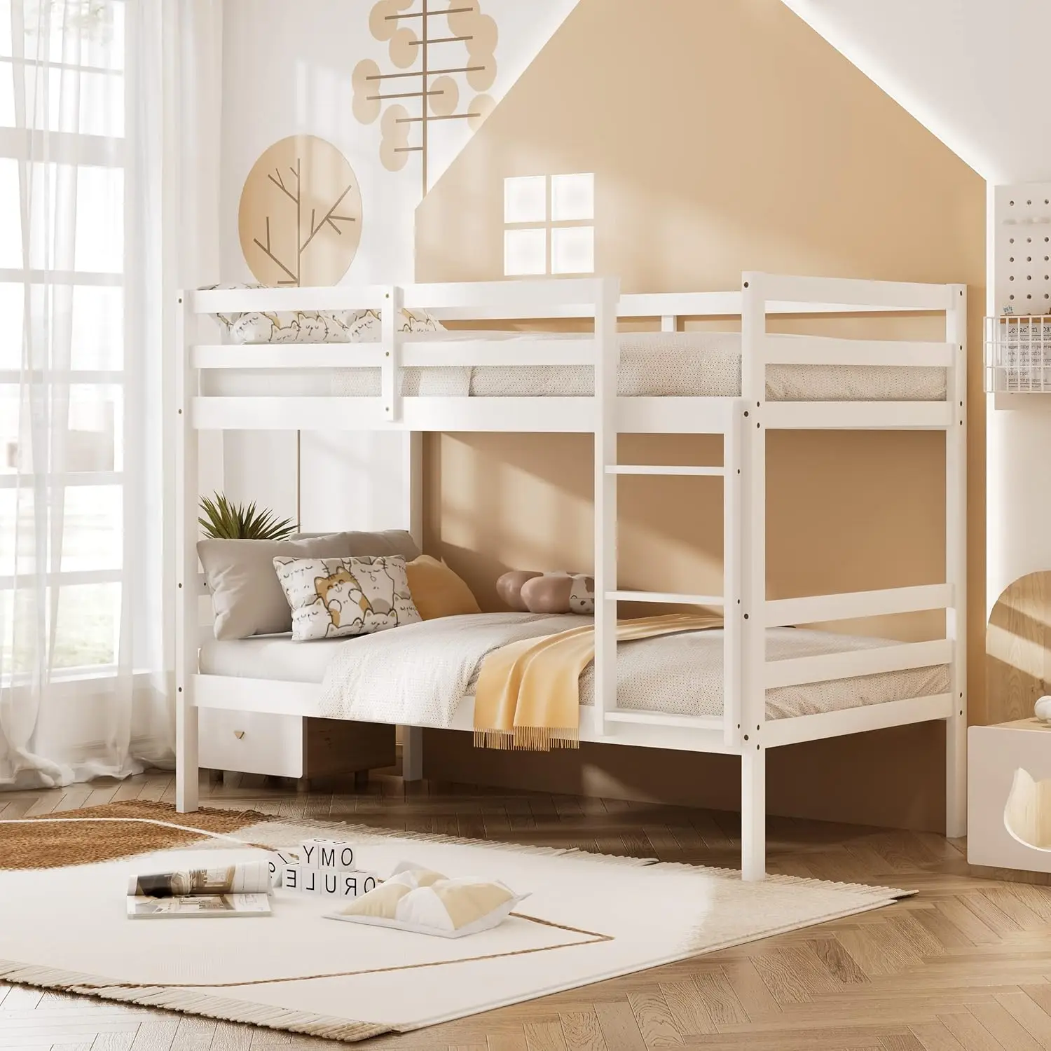 Wood Bunk Bed Twin Over Twin, Bunk Bed with Ladder & Safety Guardrail, Solid Wood Bed Frame, Ideal for Dormitory & Multi