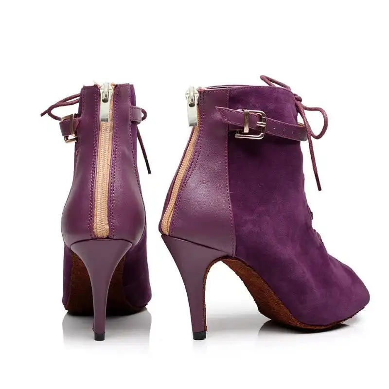 Women's Purple Latin Dance Ankle Boots Open Toe Lace-Up Buckle Strap Back Zipper Salsa Tango Ballroom High Heel Sneaker Footwear