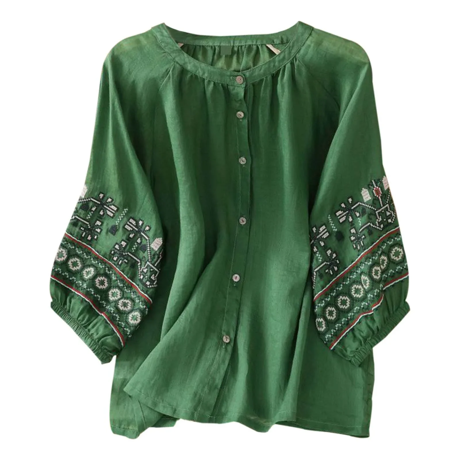 2025 Women's Boho Embroidered Shirts & Blouses Vintage Cotton Linen Tops Blusas Long Sleeve Single-Breasted Blouse Top Camisas