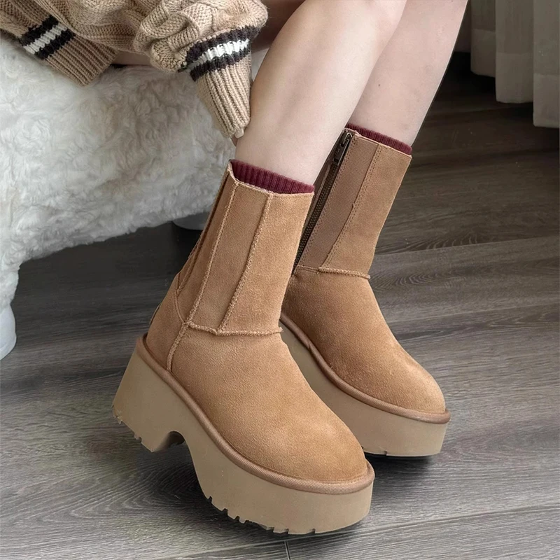 Thick Soled Short Snow Boots For Women Small Mid-length Brown Martens Slim Plus Fleece Warm Boots Increase Winter Cotton Shoes