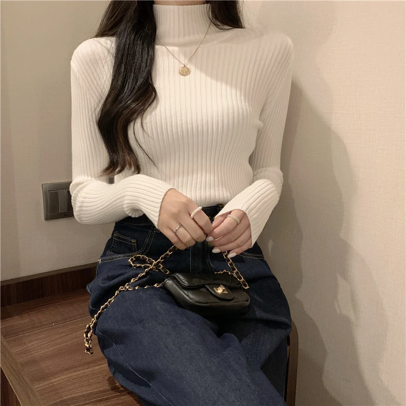 Dolcevita spesso coreano pullover da donna a maniche lunghe sottile 2025 maglione autunno inverno lavorato a maglia maglione versatile tinta unita femminile