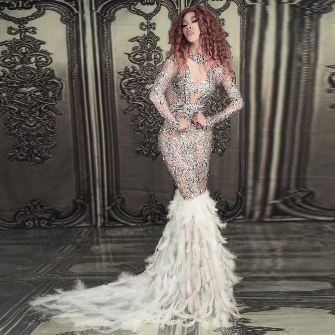 

Sparkl Rhinestone Elegant Mermaid Gown Women Stretch White Feather Trailing Long Dress Party Singer Stage Costumes Zuanshiyaodai