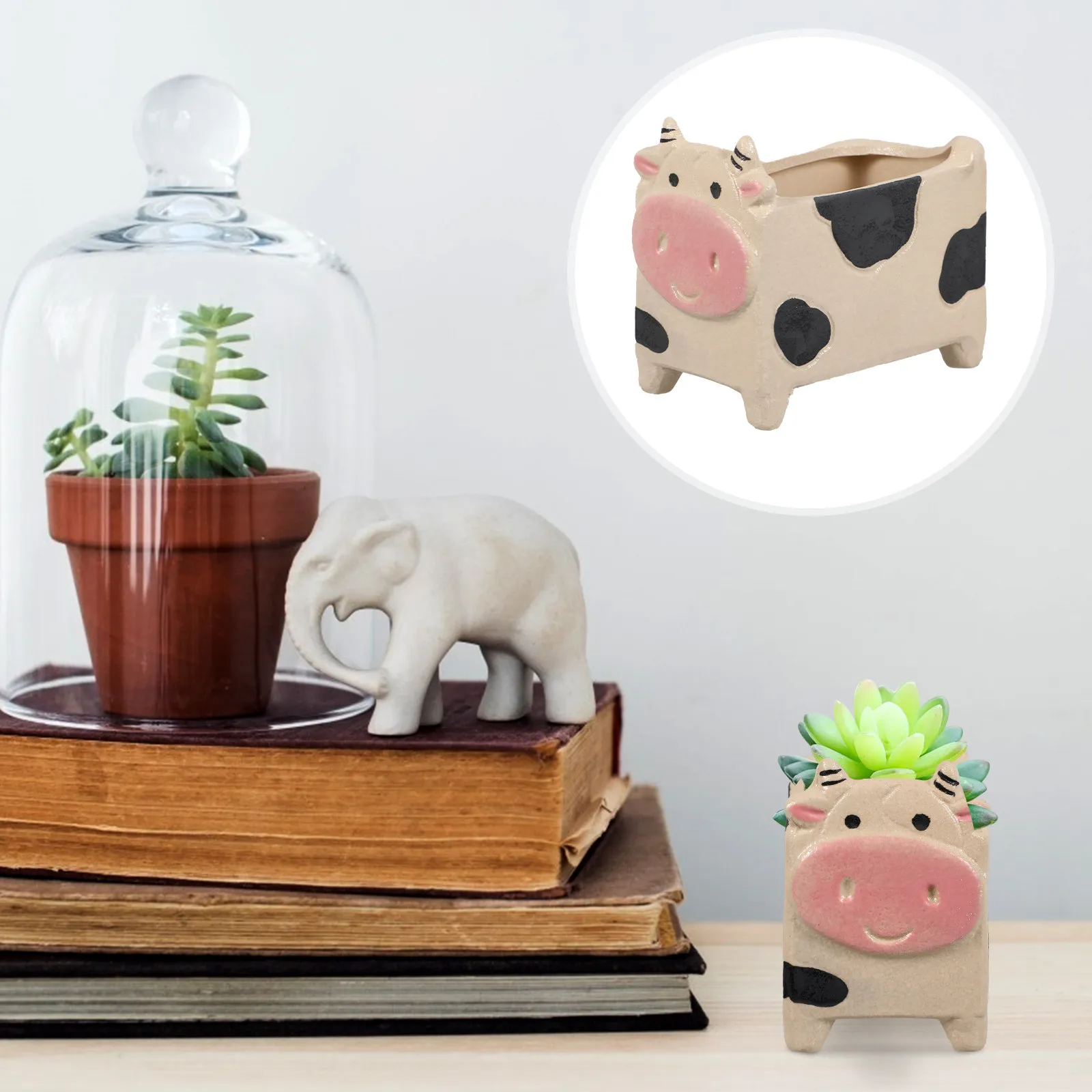 

2 Pcs Animal Shaped Planter Home Decor Cow Flower Ceramic Cartoon Ornament Flowerpot
