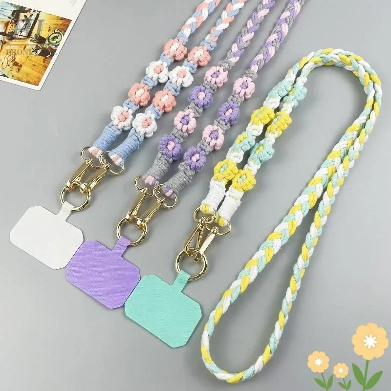 125CM Weave Flowers Phone Lanyard Charm Pendant with Patch CellPhone Hanging Rope Jewelry Girl Birthday Universal Neckband Strap