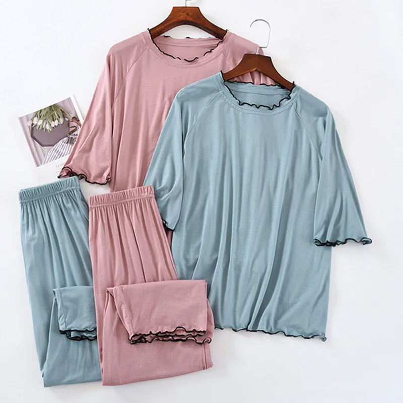 

Large Size Modal Pajamas Women's Summer Home Clothes Solid Color Night Wear Suit Half Sleeve Capri Pants Set Ladies Sleepwear