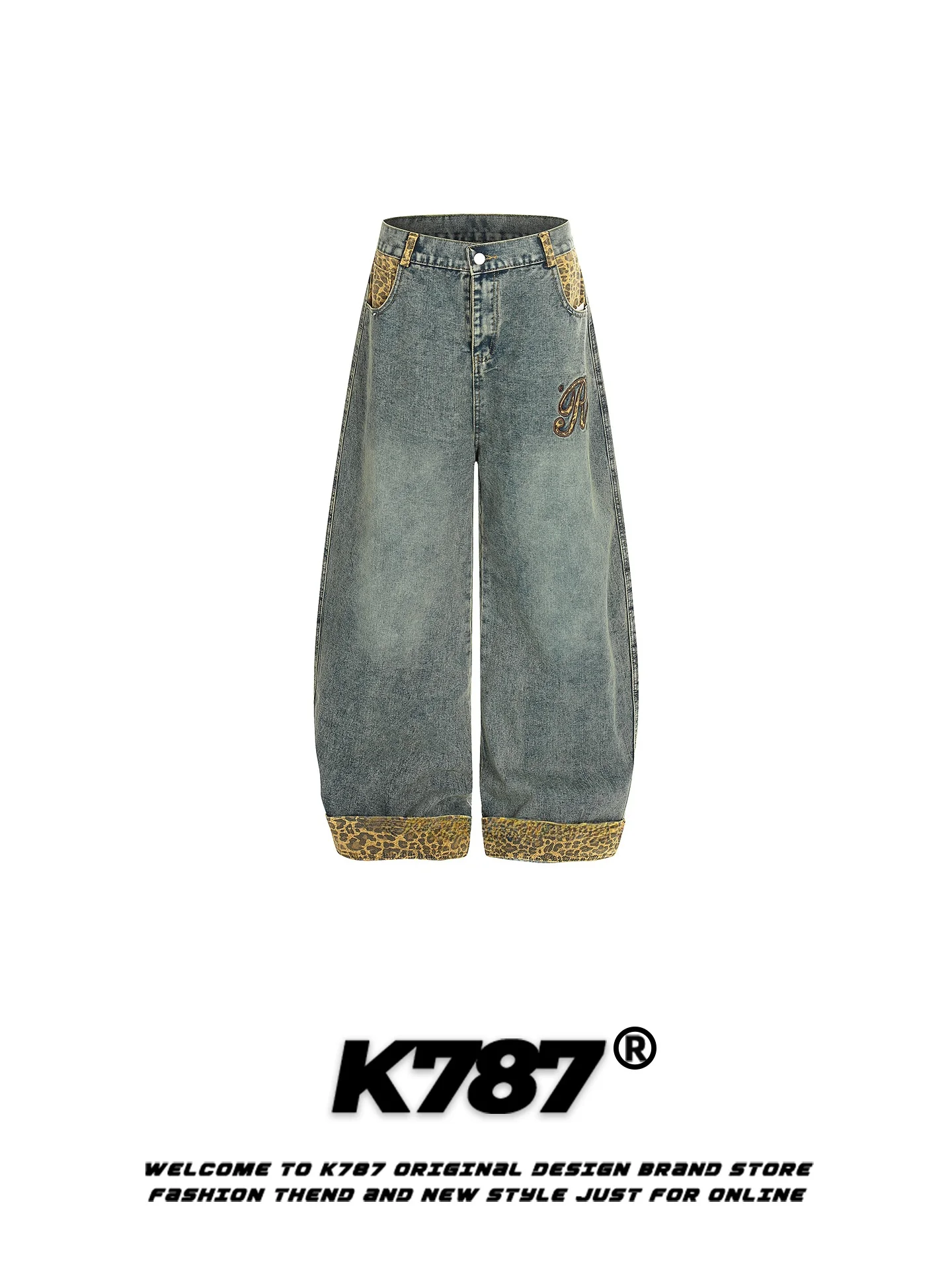 

K787 American Retro Leopard Print Patchwork Wide Leg Jeans High Waist Casual Loose Fit Men Women Jeans Casual Dragged Floor P...