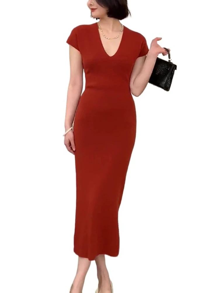 

Sexy V-neck Wrapped Solid Color Knitted Dress With Short Sleeves