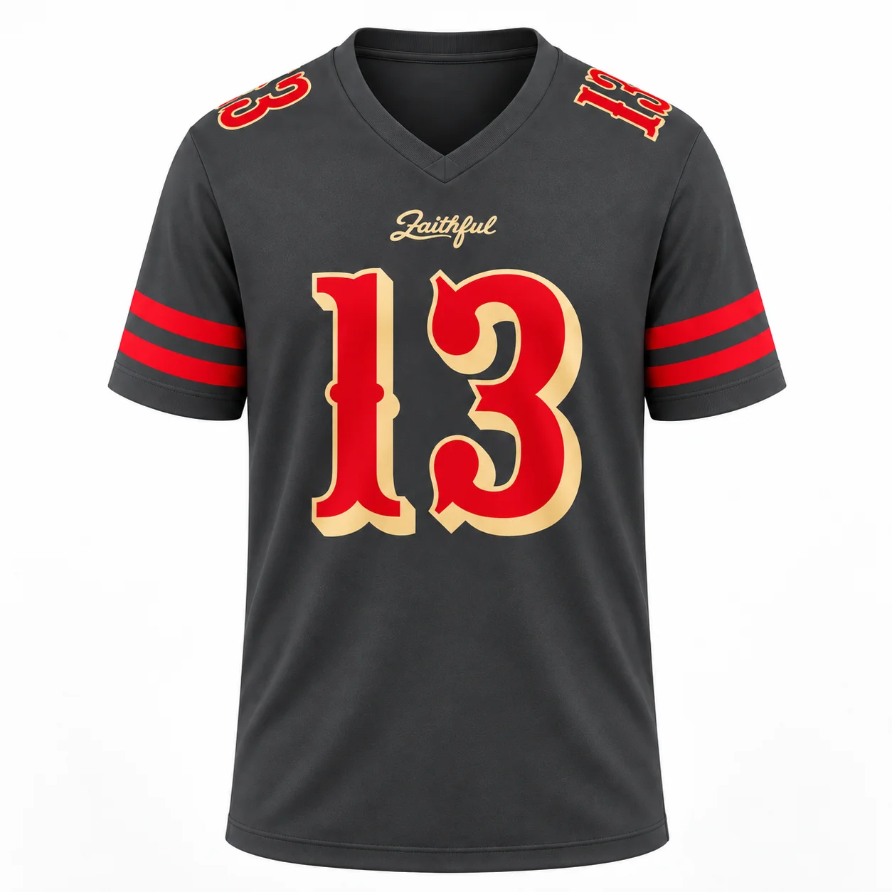 Herren # 13 Purdy Football-Trikot, schwarz, V-Ausschnitt, kurze Ärmel, Rugby-Uniform, rot-goldener Zahlenaufdruck, Sport-Fan-Shirt für den Spieltag – Detail 5