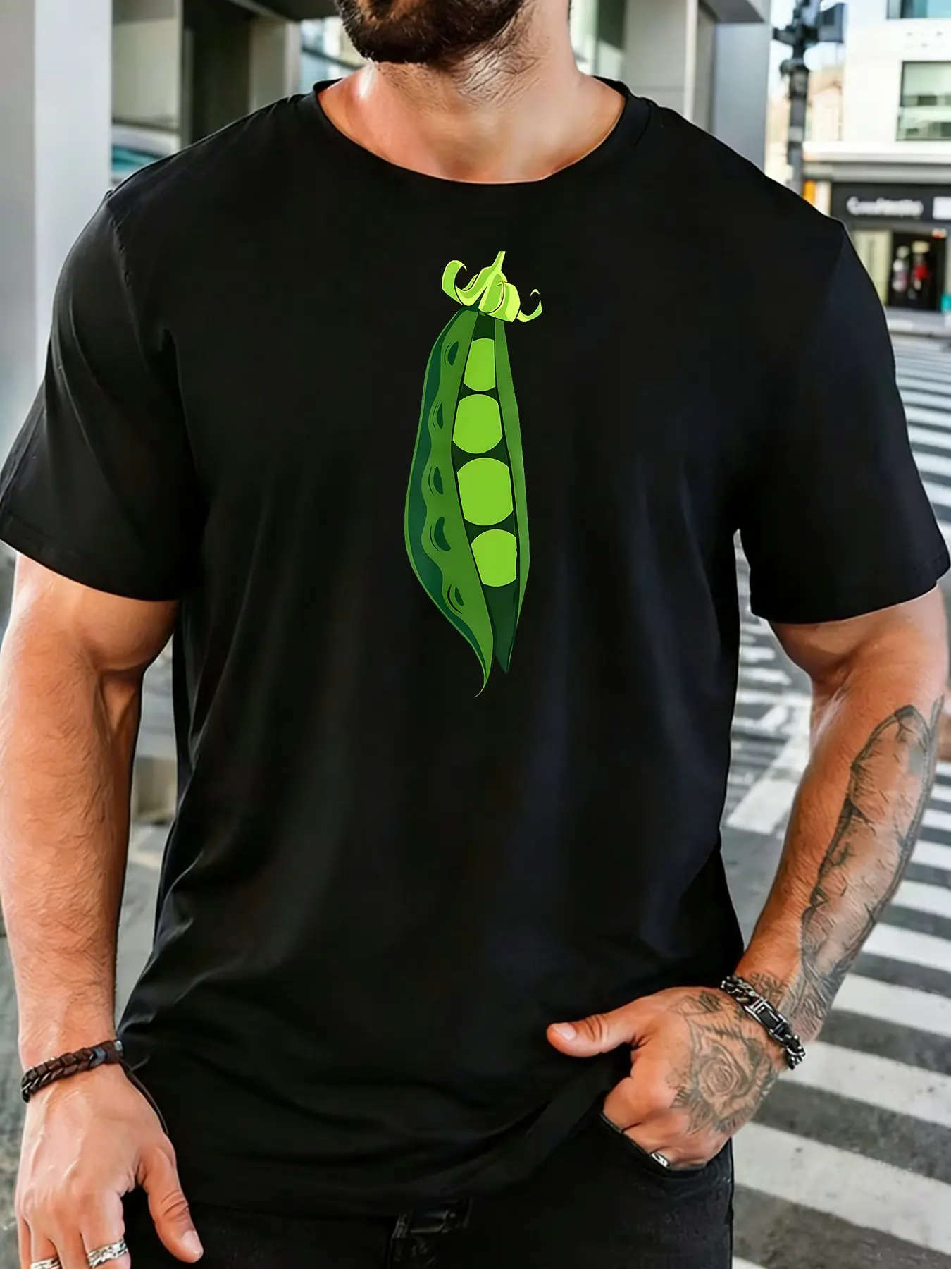 Male Army Green Round Neck T Shirt Bright Hand Drawn Four Peas Inside Pod Art Simple Vegetarian Fresh Plant Daily Cotton Tee