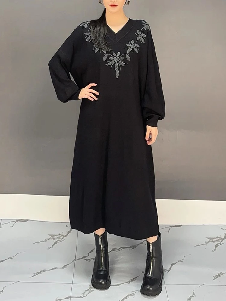 CHICEVER Casual Women\'s Dress V Neck Long Sleeve Loose Waist Pullover Printed Black Color Female Plus Size Dresses Clothes New