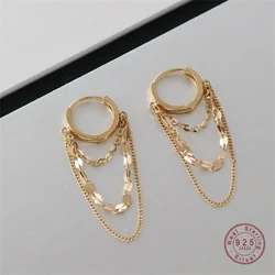 Real 925 Sterling Silver Plated 18K Gold Tassel Stud Earrings for Women Wedding Trendy Fine Jewelry
