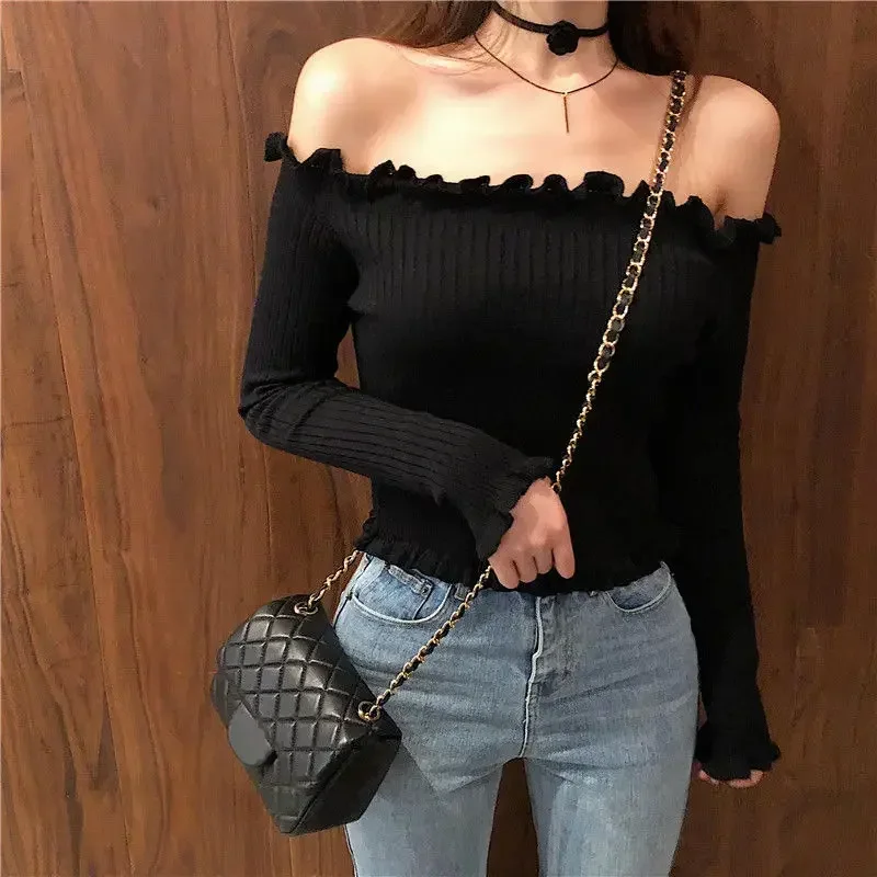 The Word Shoulder-Baring Sweater Slim-Fit Crop-Top Woman Sweaters Femme Chandails Pull Hiver