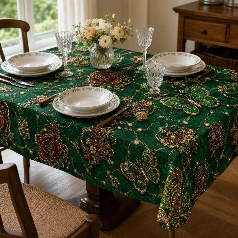 Dark Green Vintage Rose Butterfly Jewelry Rectangle Tablecloth Antique Decorative Table Cover for Dining Kitchen Home Decor