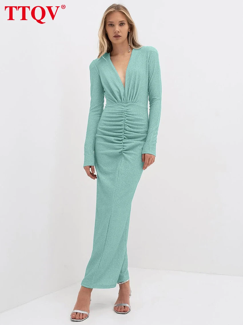 

TTQV Sexy Slim Green Women's Dress 2026 Bodycon V-Neck Long Sleeve Ankle Length Dresses Elegant Classic Solid Female Dress