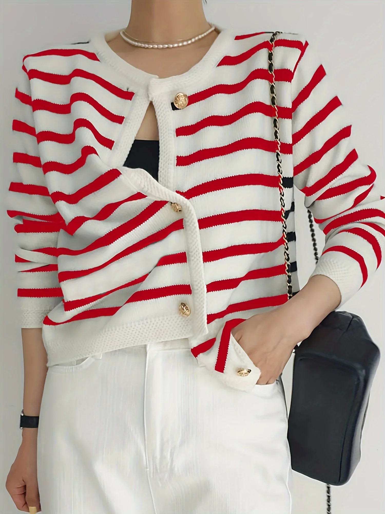 

Chic Striped Cardigan Sweater Soft Long Sleeve Crew Neck Button Front Elegant Fall Fashion Women Cozy Clothing For Everyday Wear